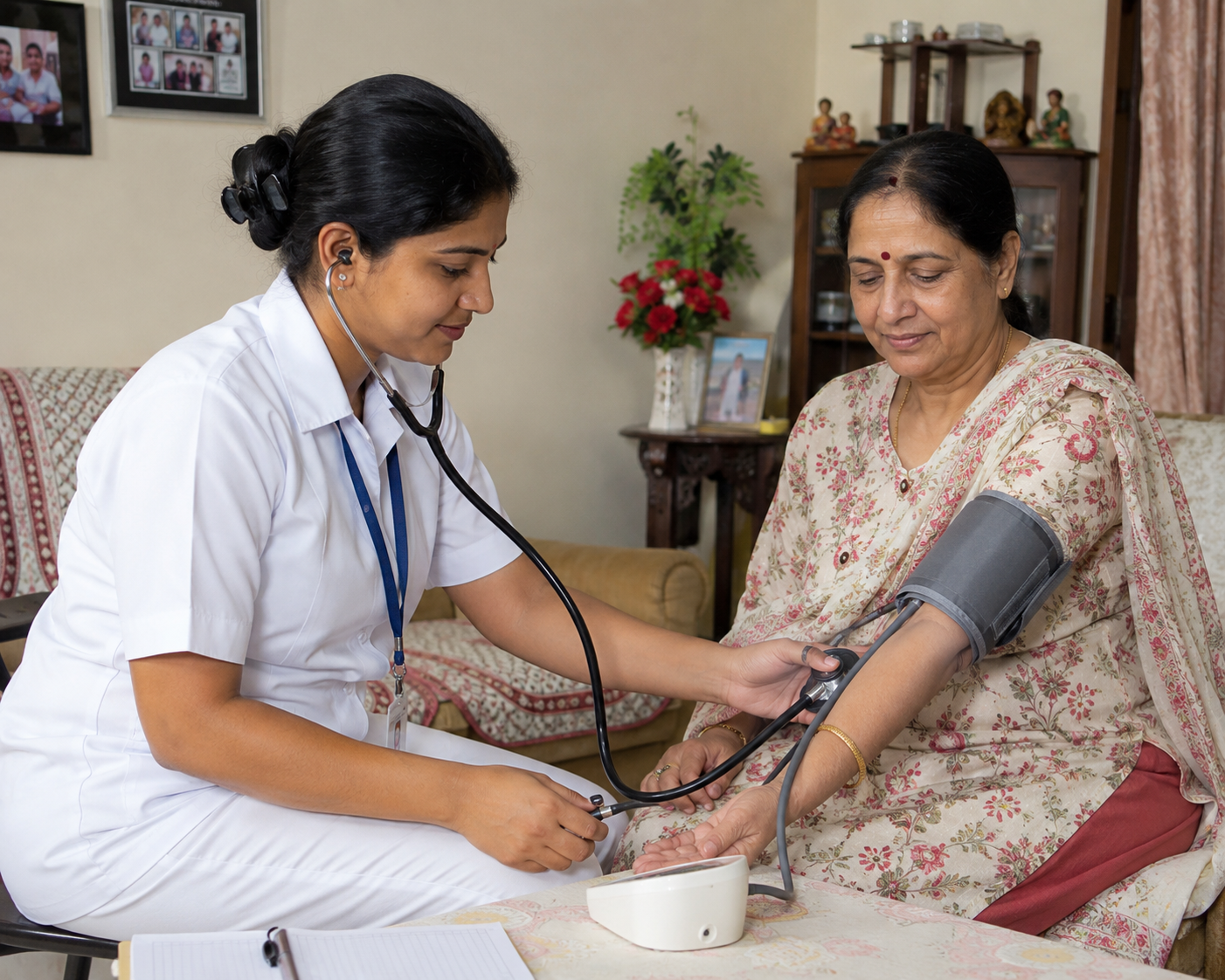 Nurse monitoring blood pressure at home for diabetes patient